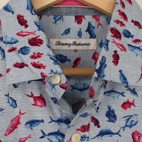 TOMMY BAHAMA Men's Size Novelty Fish Print Cotton Hawaiian Shirt Summer - Picture 3 of 8
